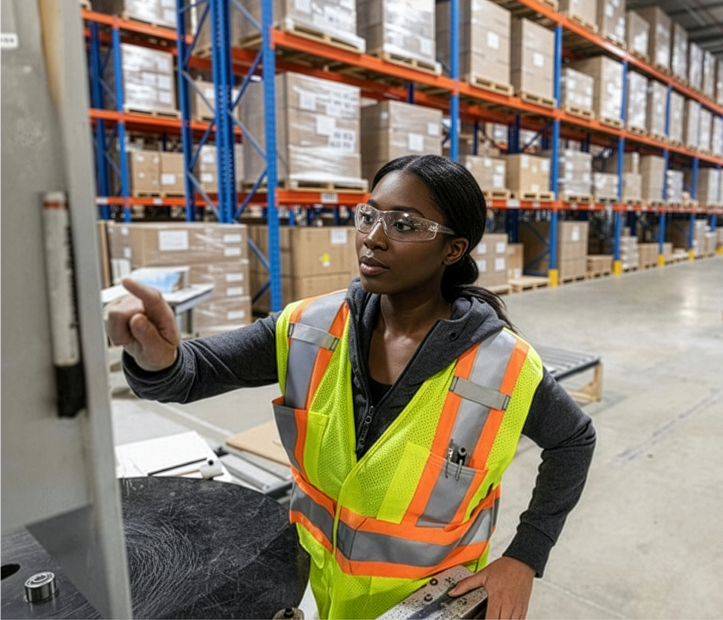 Warehouse employee using an industrial touchscreen terminal to support logistics and inventory automation.